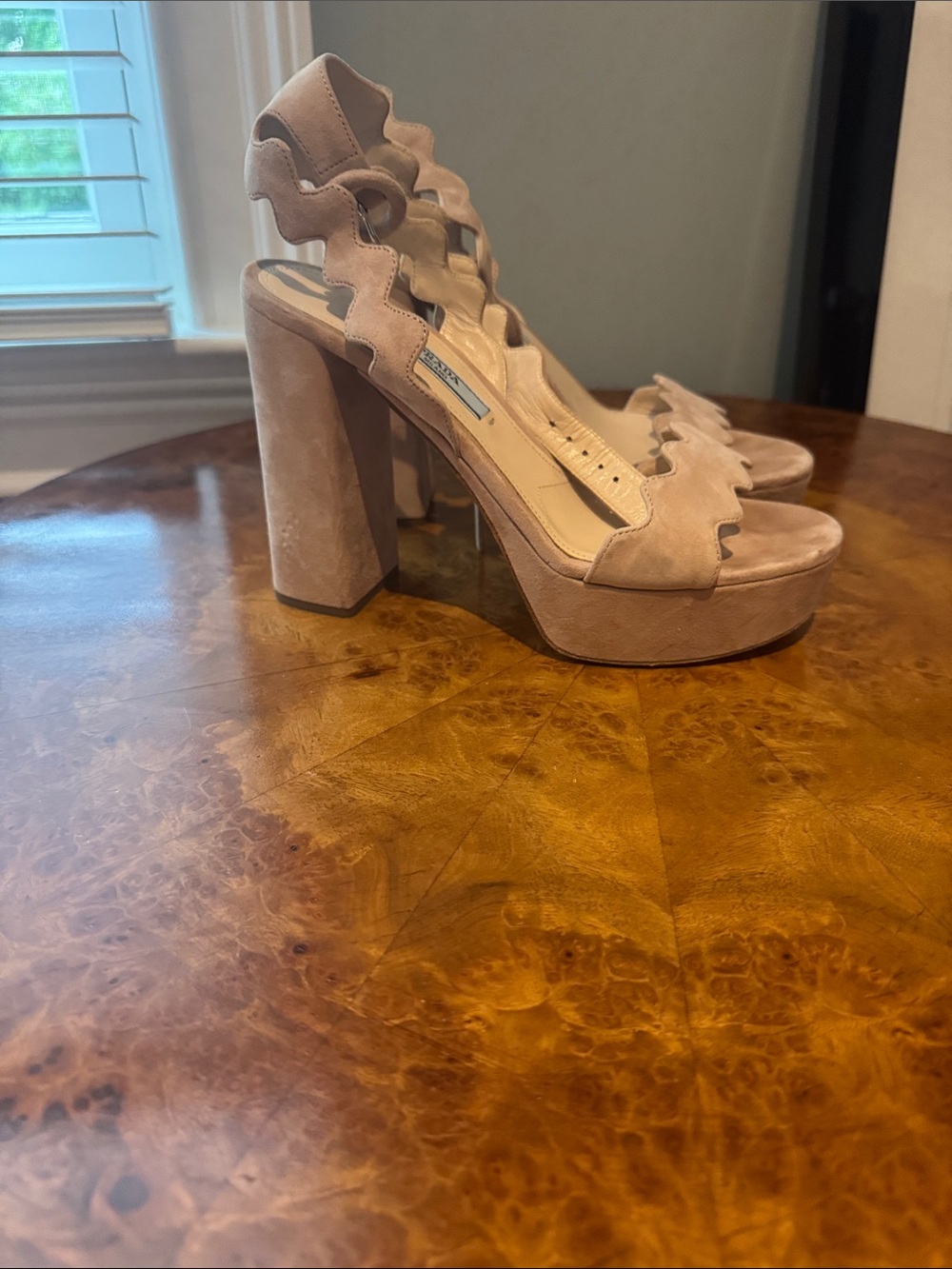 Prada Pink Suede Scalloped Platform Sandals - Picture 6 of 8
